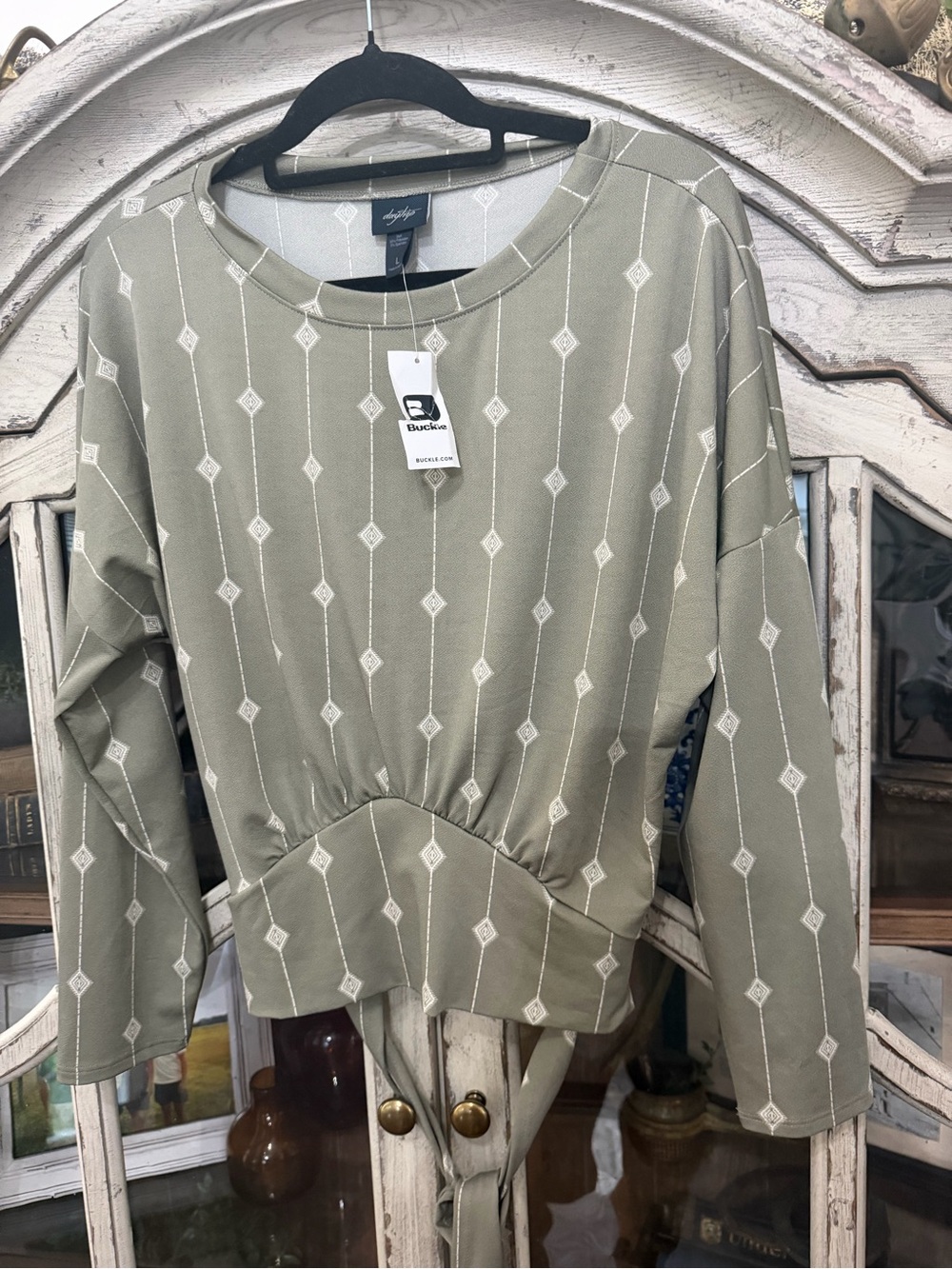 NWT Daytrip Olive Green Diamond-Stripe Peplum Long Sleeve Top